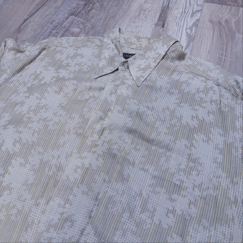 JHANE BARNES Geometric Floral Print Button Front Shirt Mens M Beige White